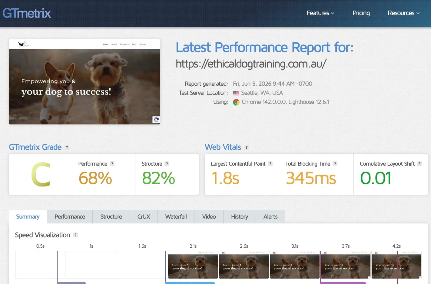 A GTmetrix performance report showing a GTmetrix Grade of C, 68% performance, 82% structure, and Web Vitals including Largest Contentful Paint and Total Blocking Time