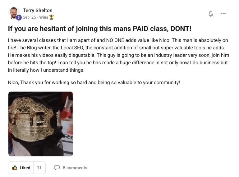 Terry Shelton community post: no one adds value like Nico, a five star review of the AI Ranking community.