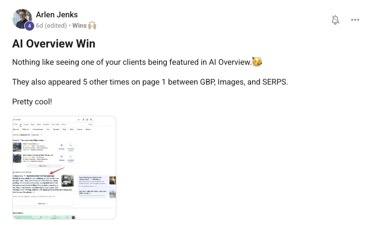 Arlen Jenks win post, client featured in AI Overview