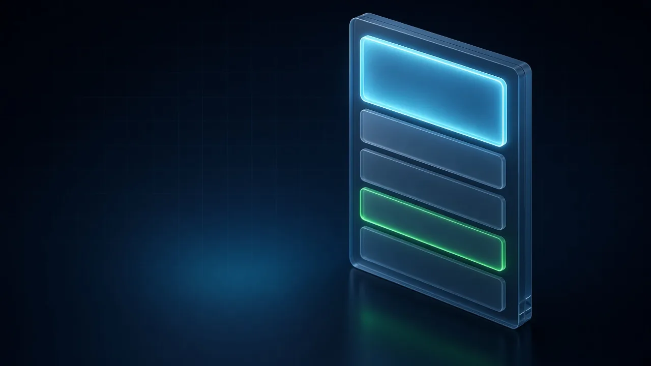 Illustration of a glass search results page with a large glowing answer panel sitting above a stack of smaller result cards, one card lit green