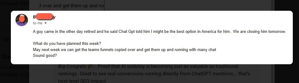 Message from Tim Armstrong's client, name hidden, saying a retired customer was told by ChatGPT he might be the best option in America and they are closing him tomorrow