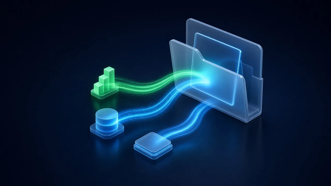 Illustration of a glass skill folder right of center with three glowing data streams flowing into it from separate glass blocks, one stream lit green