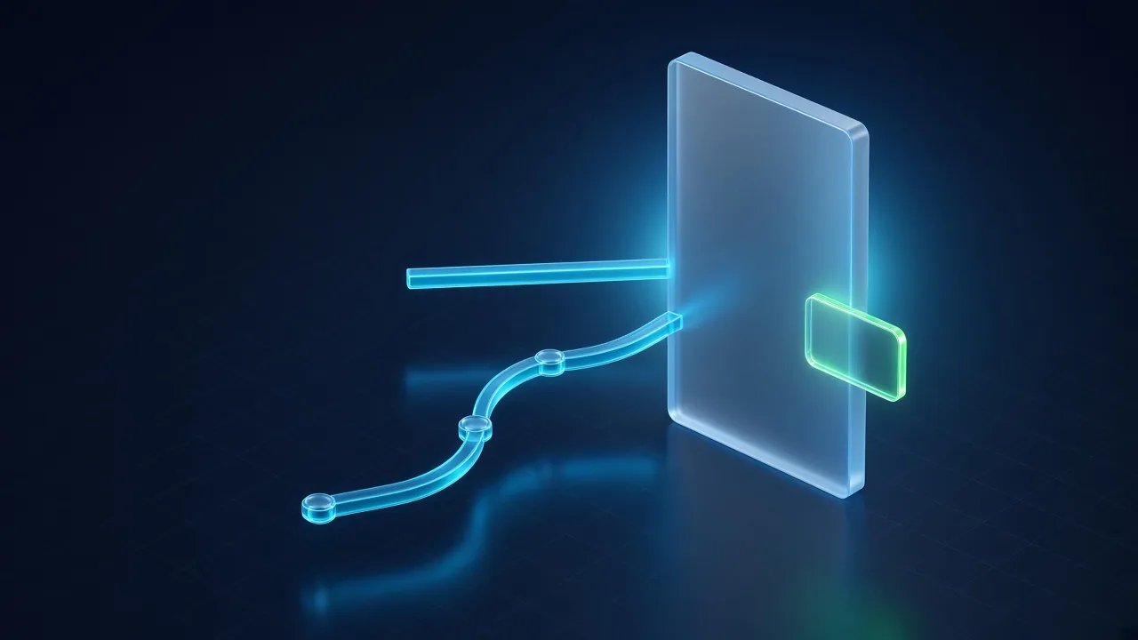 Illustration of two glowing glass paths leading into one glass answer panel, a short direct path and a longer winding path, with one small green card attached to the panel