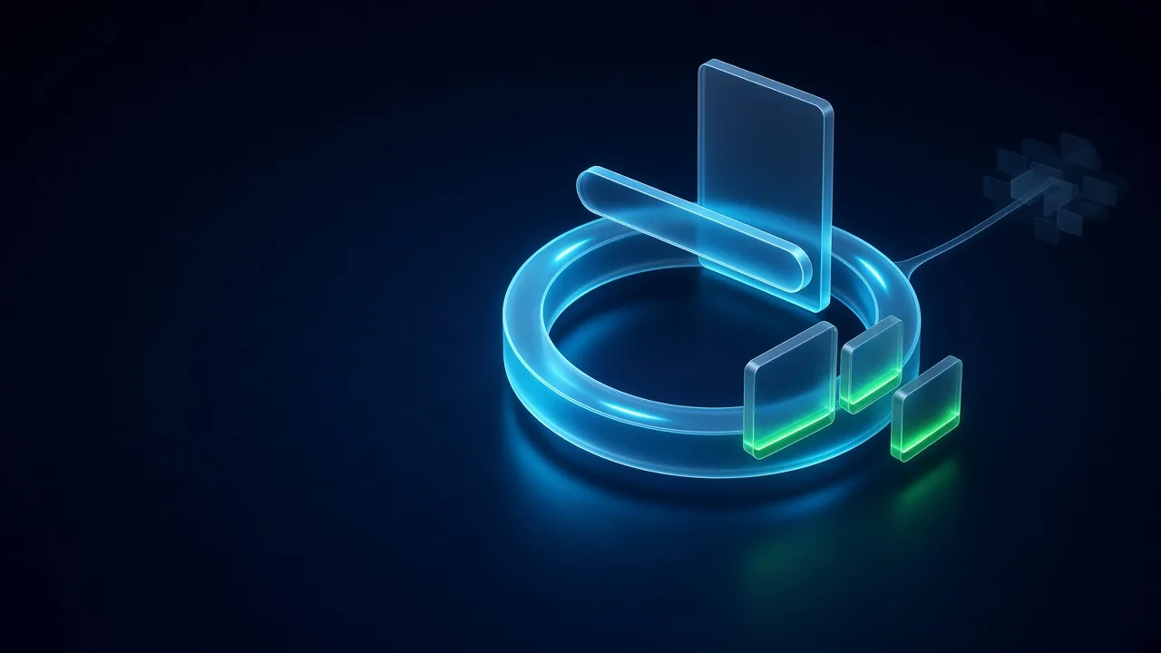 Illustration of a closed glass ring linking a search bar, an AI answer panel and ad cards, with a thin path branching off toward small website tiles