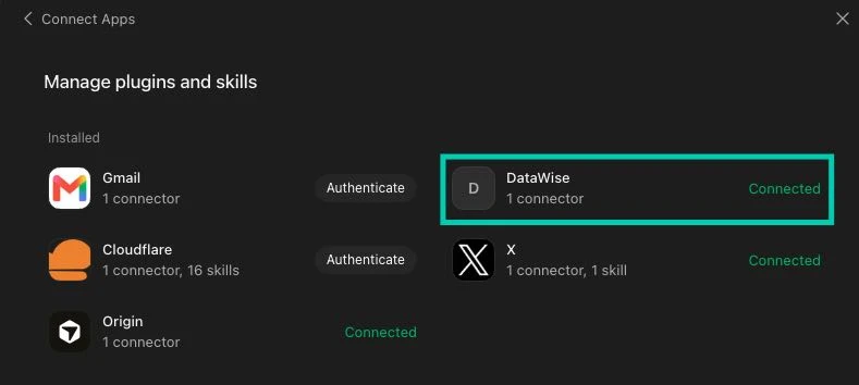 The Grok Bot Connect Apps screen listing installed plugins, with the DataWise connector highlighted and marked Connected next to Gmail, Cloudflare, Origin and X.