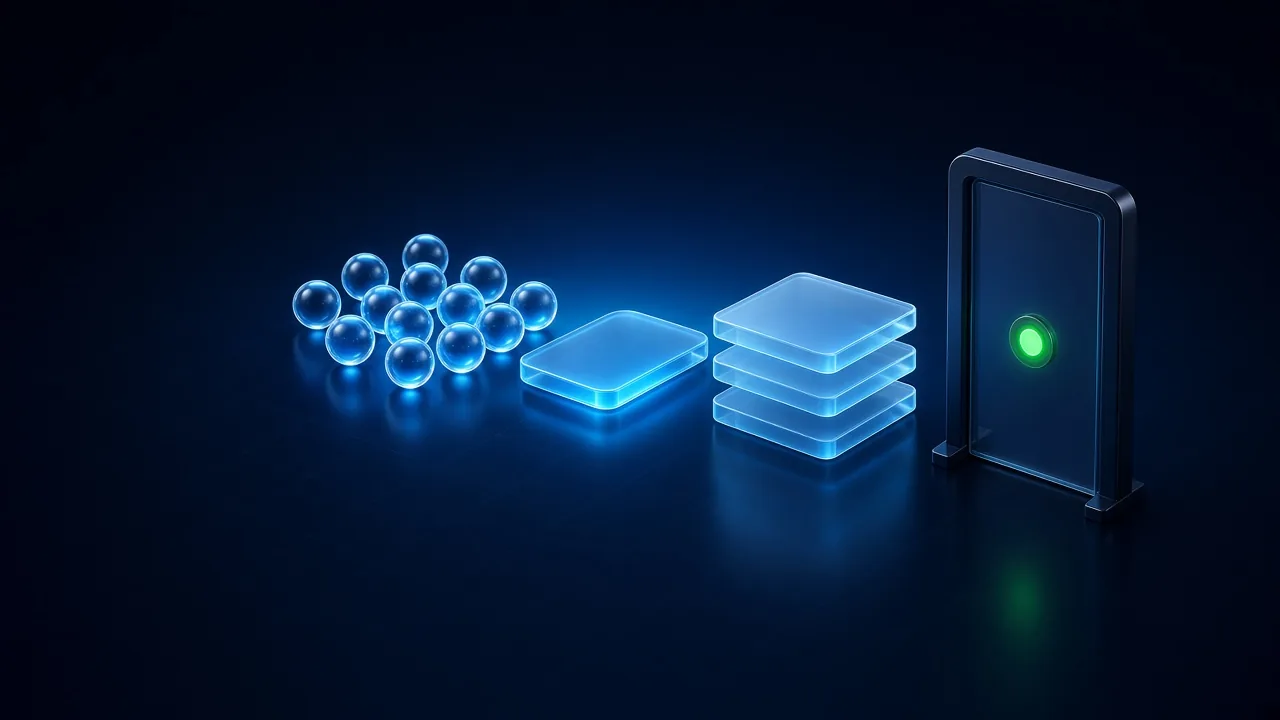 Glass data spheres flow into a glass brief slab, then a stack of draft panels, and stop at a closed glass gate with one green light, showing that a Grok agents SEO team stops at human approval.