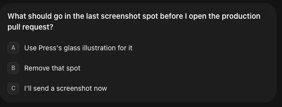 A Grok Bot question card asking what should go in the last screenshot spot before the production pull request is opened, with three options: use a glass illustration, remove the spot, or send a screenshot now.