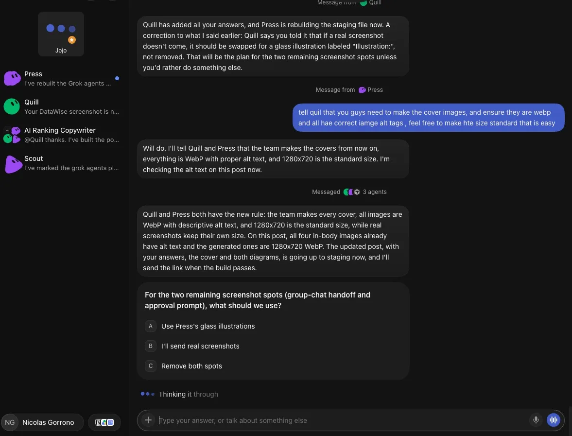A Grok Bot chat with Jojo, the coordinator Bot. The owner types an instruction for the team to make the cover images in WebP with correct alt tags, Jojo confirms after messaging 3 agents, then a question card offers three options for two screenshot spots. The sidebar lists Press, Quill, AI Ranking Copywriter and Scout.