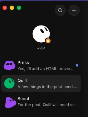 The Grok Bot sidebar showing Jojo, the team coordinator, at the top and the three SEO Bots, Press, Quill and Scout, each with its latest message preview.