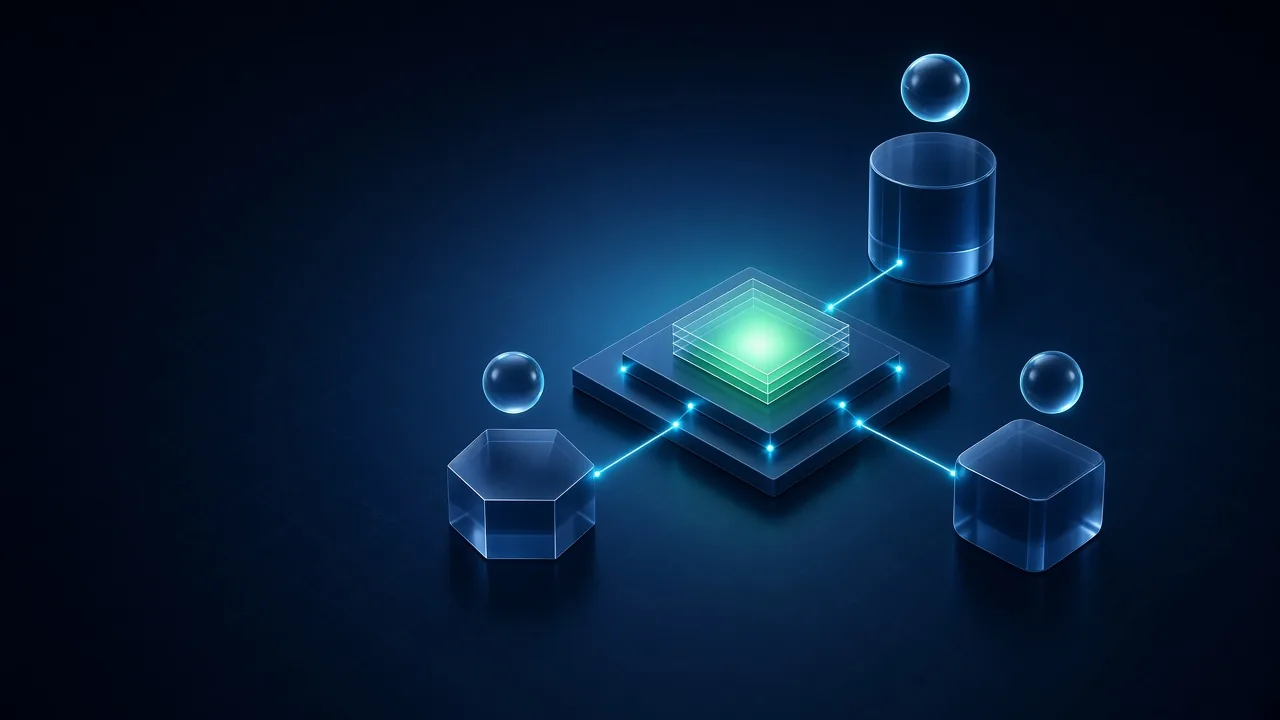 Three separate glass shapes, each with its own small glowing orb, stand around one shared glass platform holding a tray of sheets, showing Grok Bots with separate memory sharing one computer.