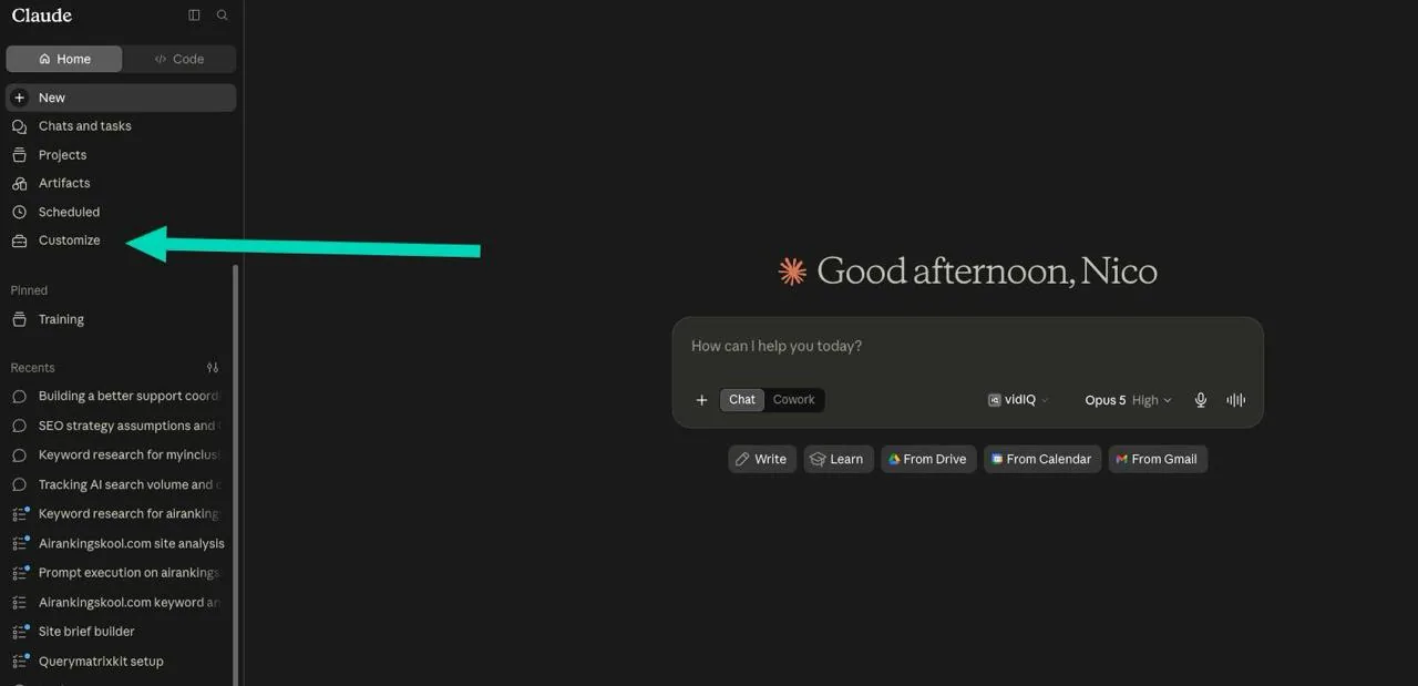 Claude sidebar with the Customize menu highlighted