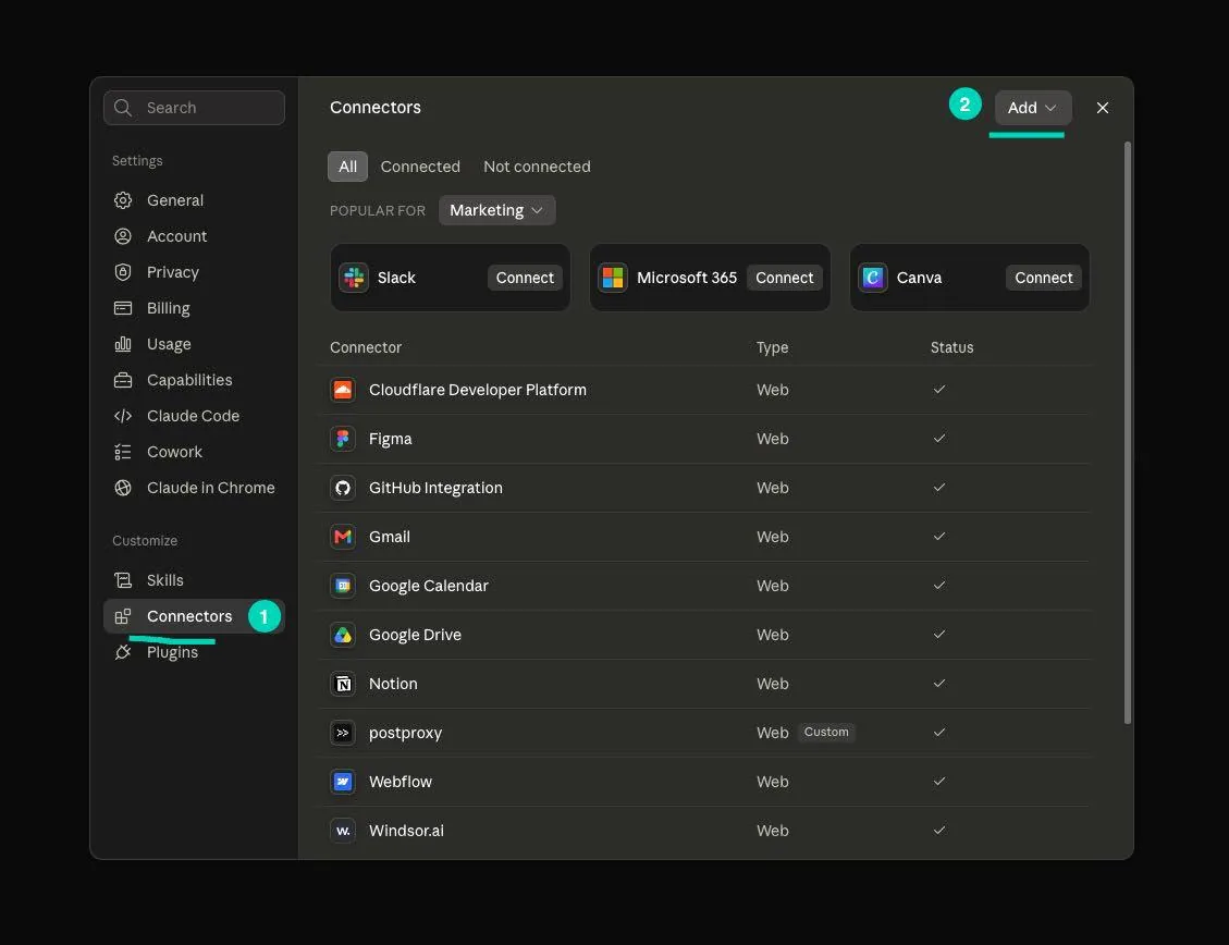 Claude Customize settings with Connectors highlighted