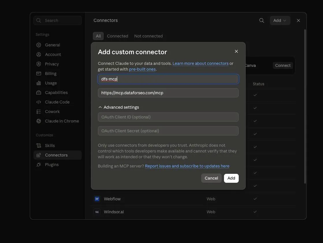 Claude Add custom connector form showing the DataForSEO MCP URL