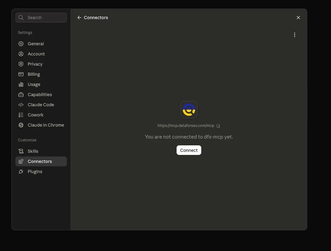 Claude DataForSEO connector page with the Connect button