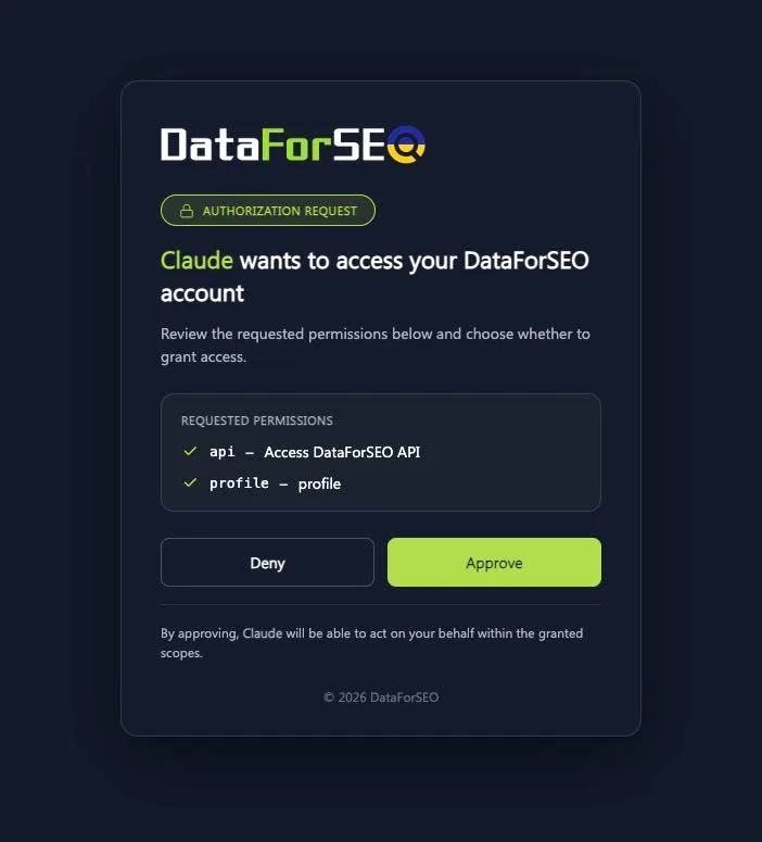 DataForSEO authorization page asking to approve Claude access