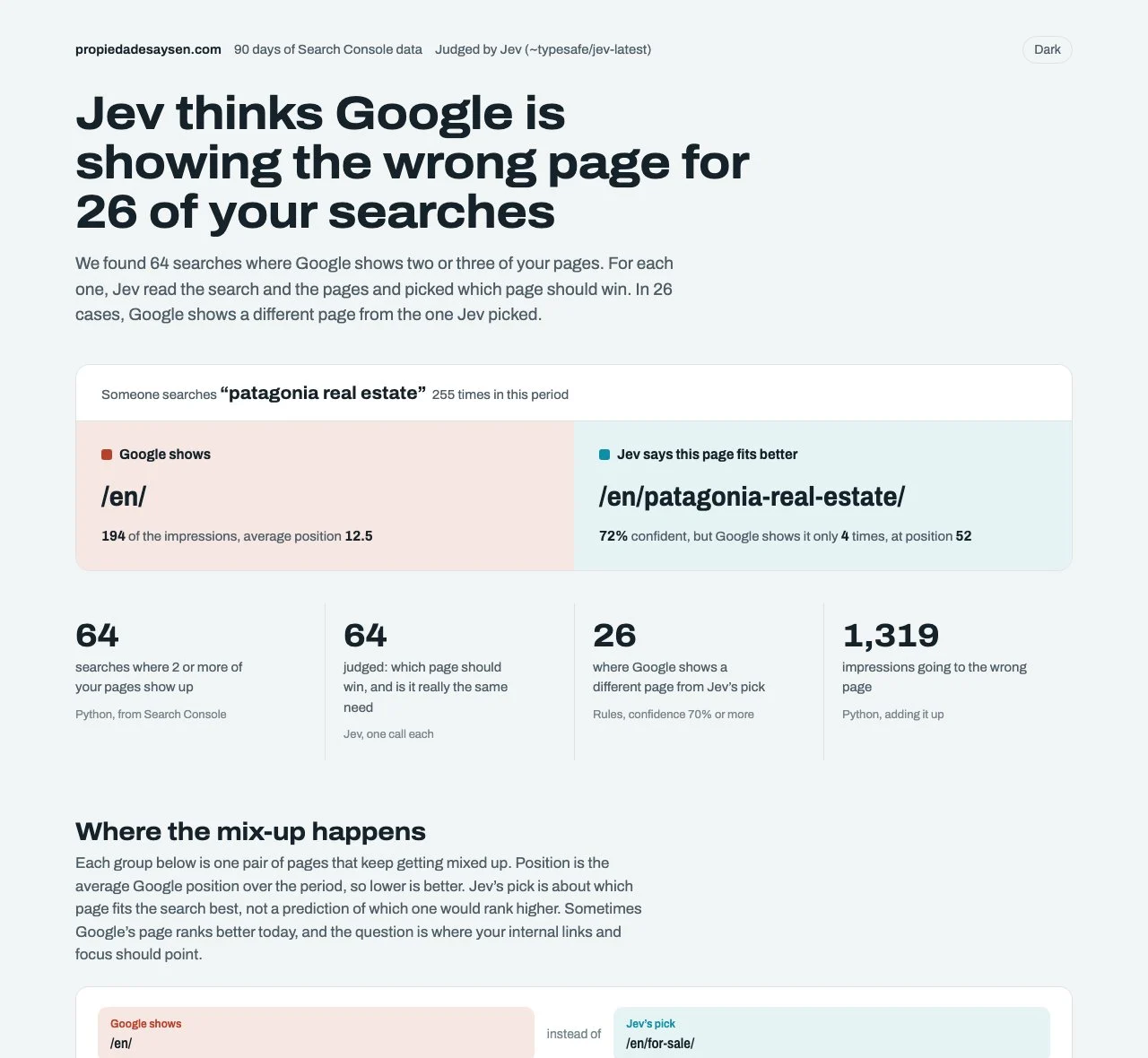 Cannibalization report showing Google's page versus Jev's pick for the search patagonia real estate