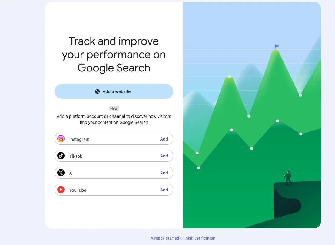 Google Search Console welcome screen showing the new platform property options for Instagram, TikTok, X, and YouTube