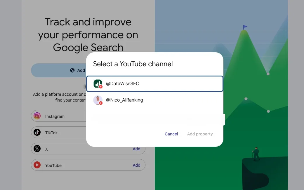 Google Search Console modal for selecting a YouTube channel as a platform property