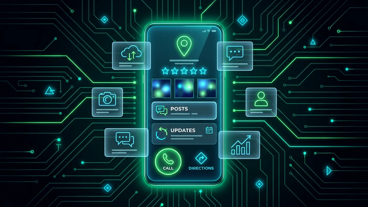 Illustration of a Google Business Profile treated like a social media profile with posts, updates, photos, calls and directions